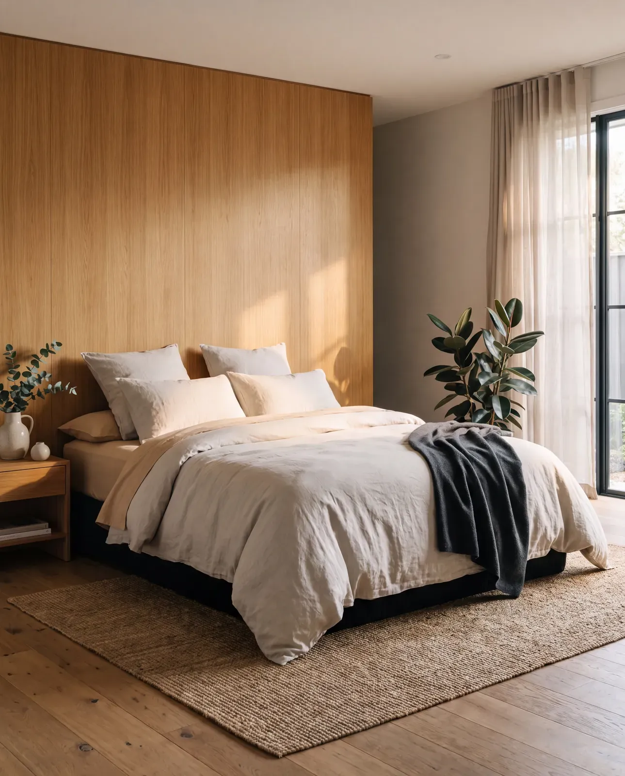 Bed made with white linen and a dark throw in a timber-panelled bedroom