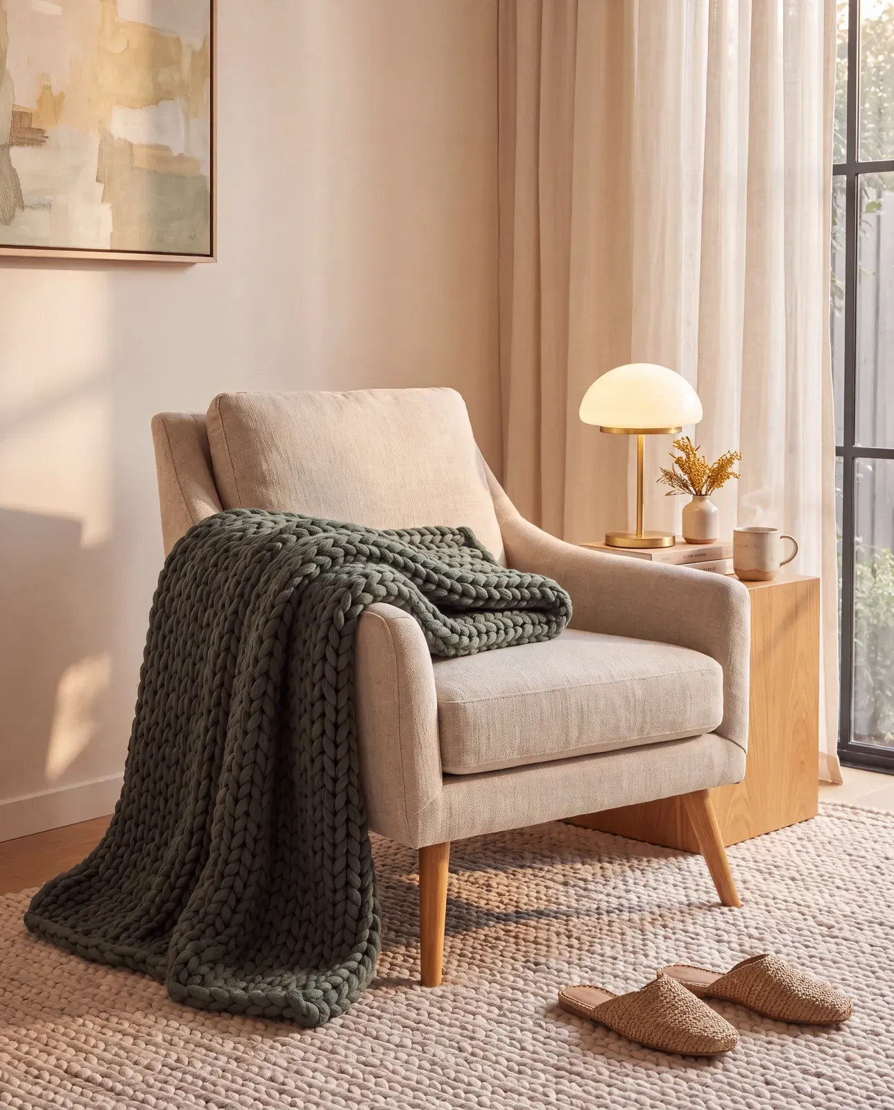 Green chunky-knit throw over a cream armchair in a reading nook