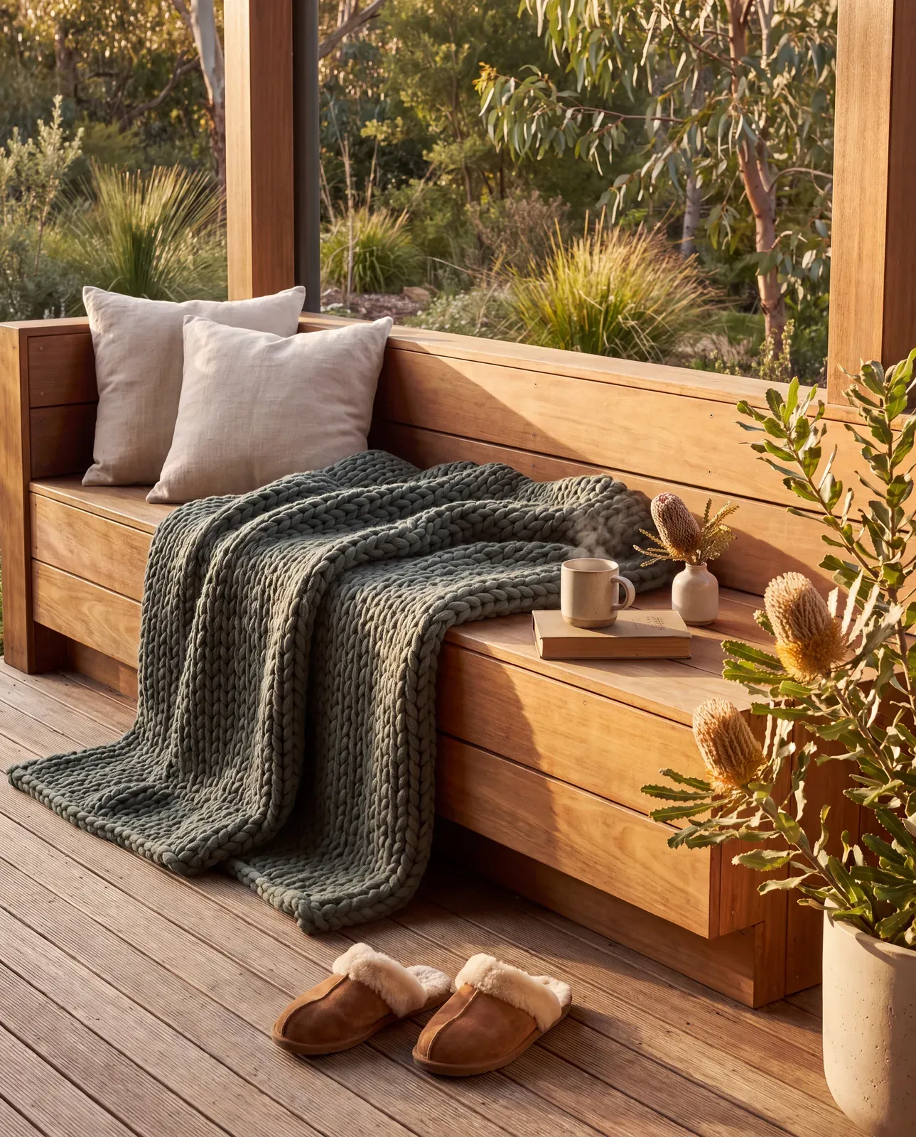 Green chunky-knit throw on a timber bench on a deck, with slippers and native plants