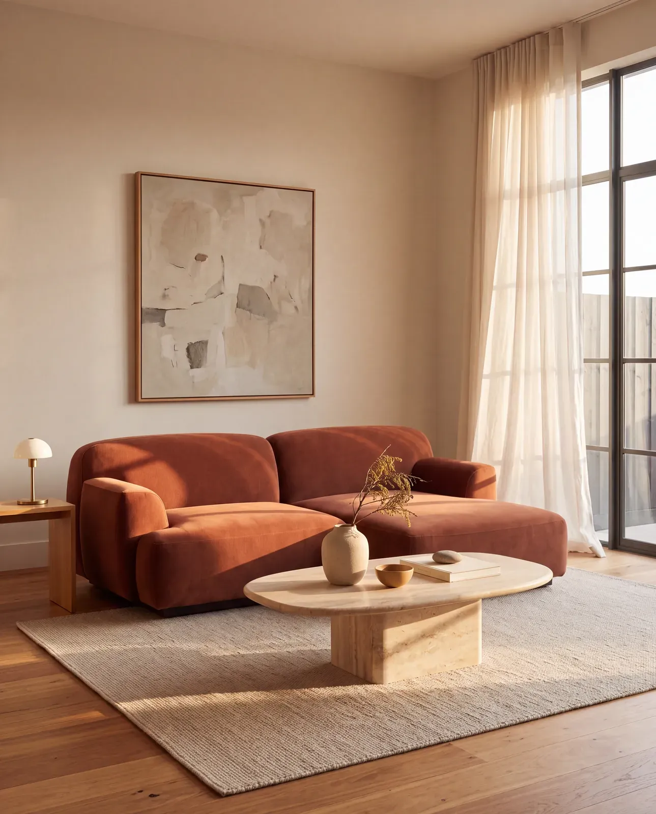 Rust modular sofa in a living room with a stone coffee table and an abstract artwork