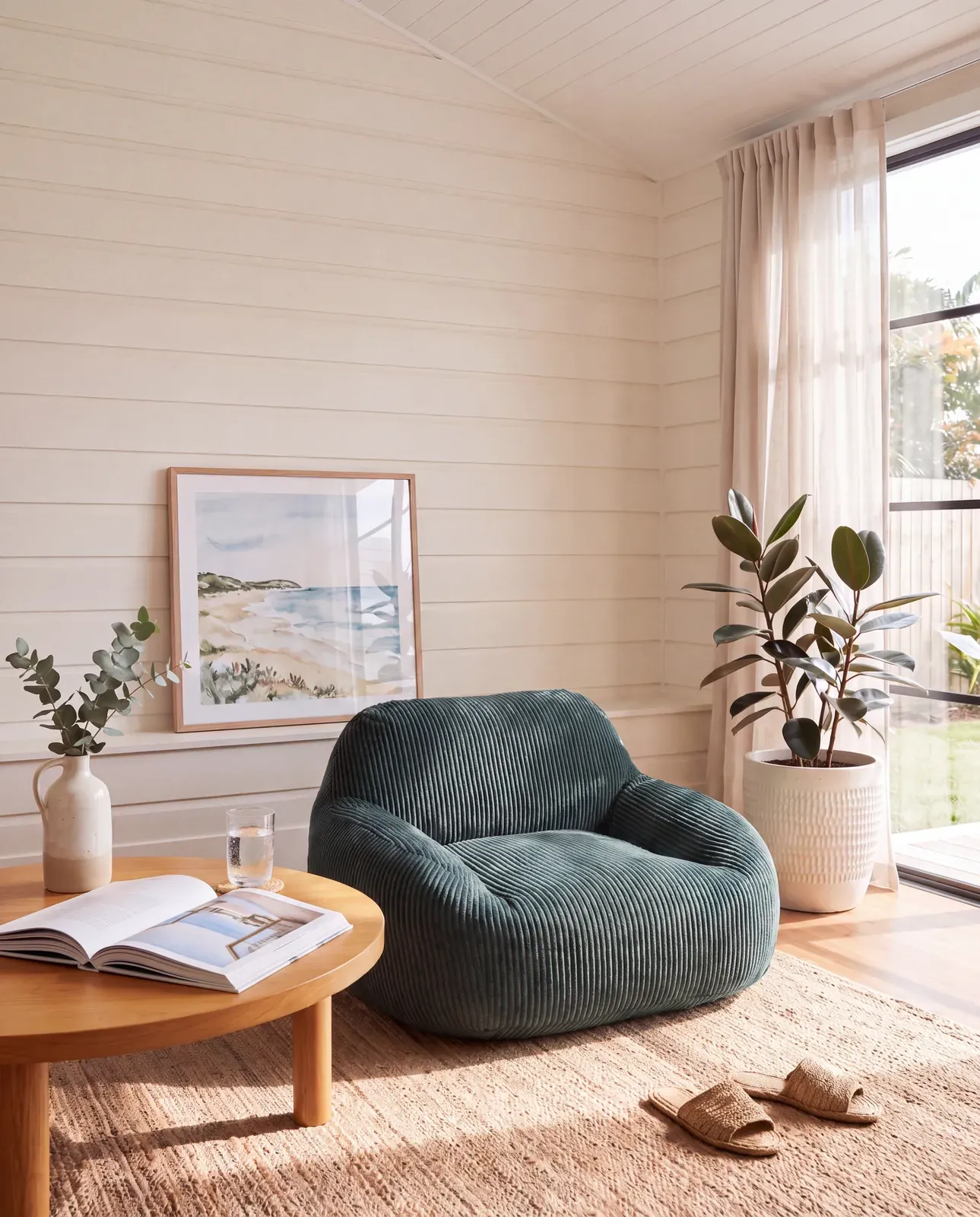 Green corduroy armchair in a white weatherboard room with a coffee table and plants